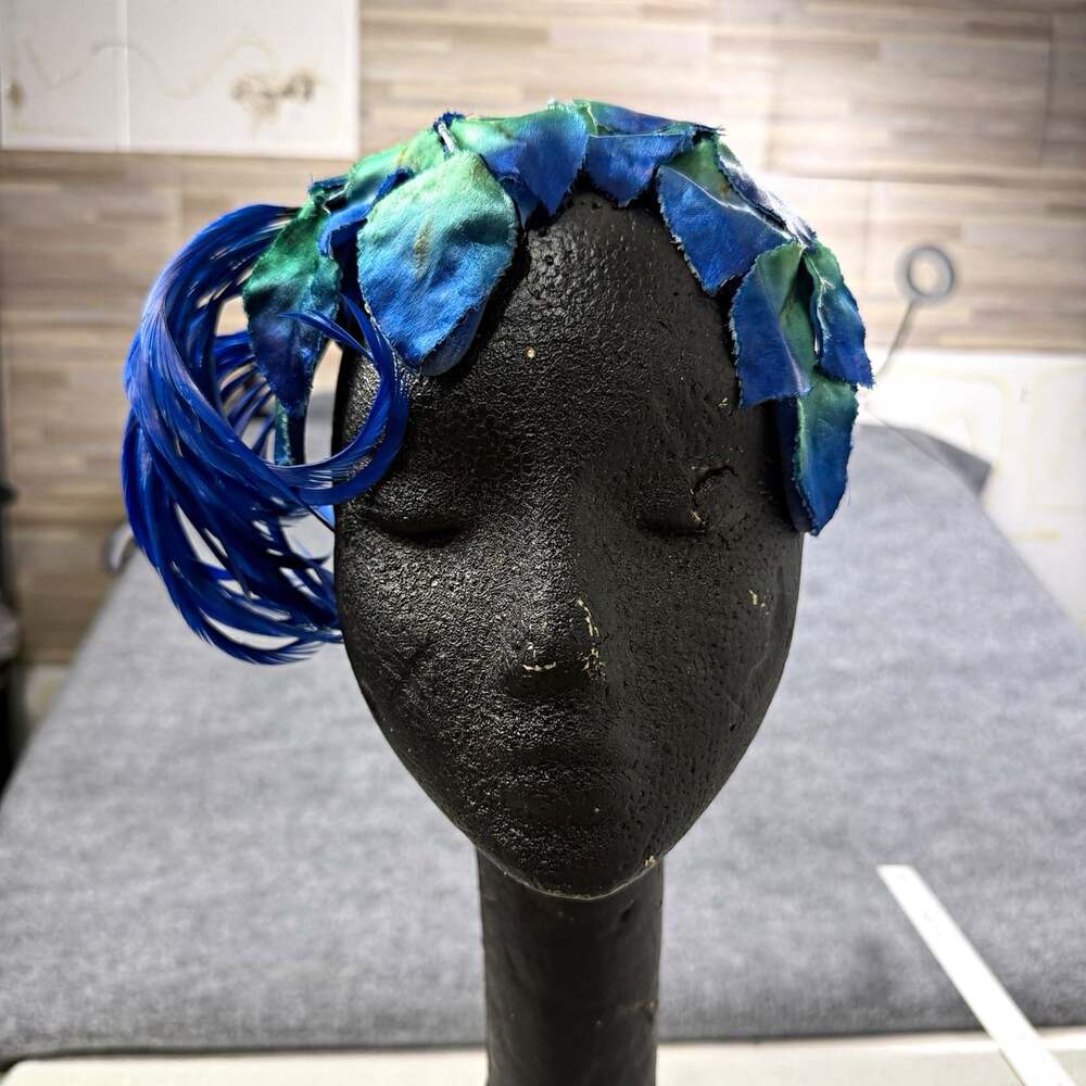 Shelbert Designs New York Blue Green Floral Feather Satin Fascinator Headpiece